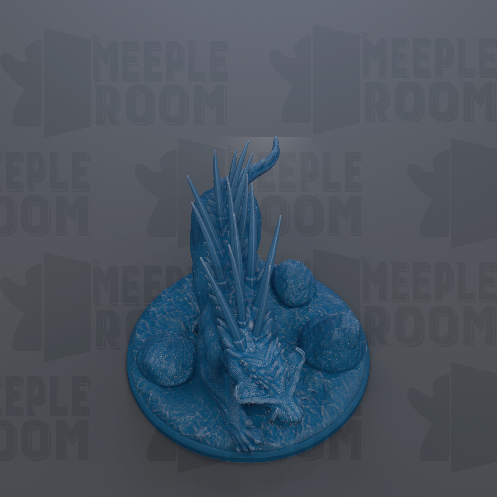 A blue, 3D-rendered figurine of a creature with spikes and a fierce expression, sitting on a circular base.