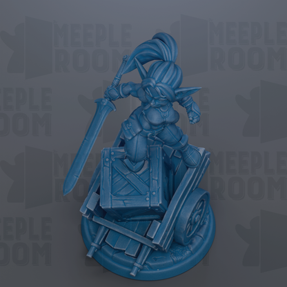 A blue figurine of a character with a sword and shield, standing on a platform with a crate and other objects.