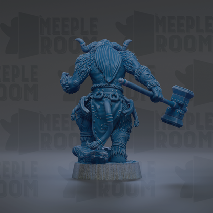 A 3D rendering of a blue, furry monster-like creature with horns and a large hammer in its hand, standing on a platform.