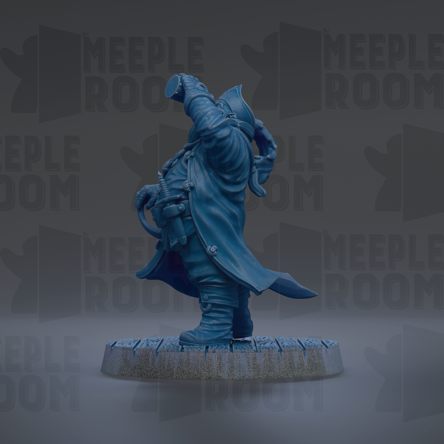 A blue statue of a pirate standing on a platform, with the text "MEUPLE ROOM" repeated in the background.