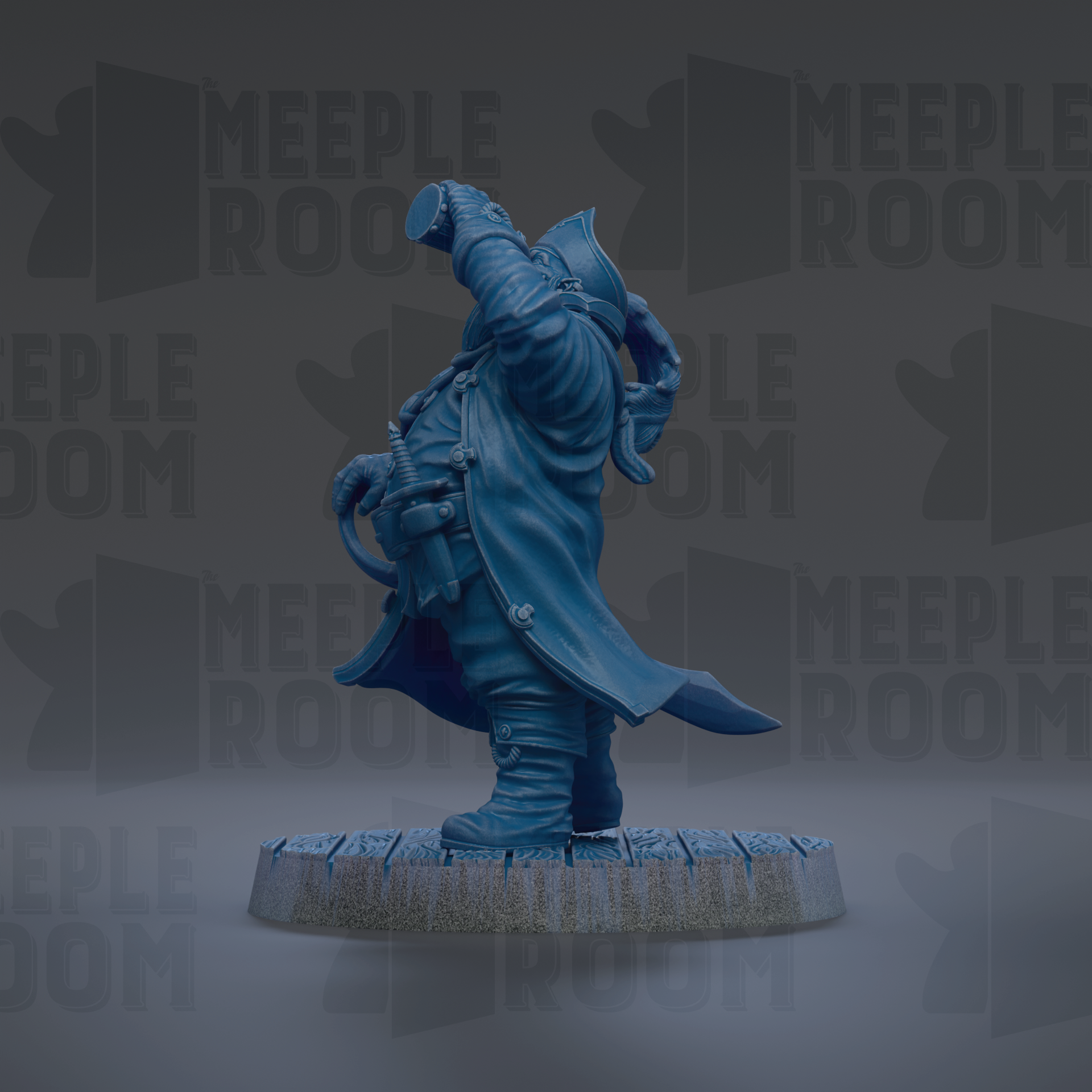 A blue statue of a pirate standing on a platform, with the text "MEUPLE ROOM" repeated in the background.