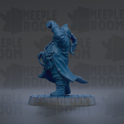 A blue statue of a pirate standing on a platform, with the text "MEUPLE ROOM" repeated in the background.