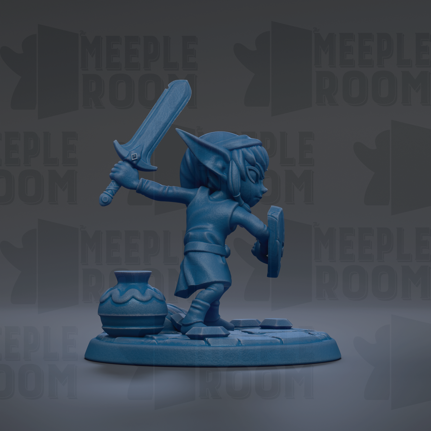 A blue figurine of a character holding a sword and shield, standing on a base with a vase, against a dark background with repeated text.