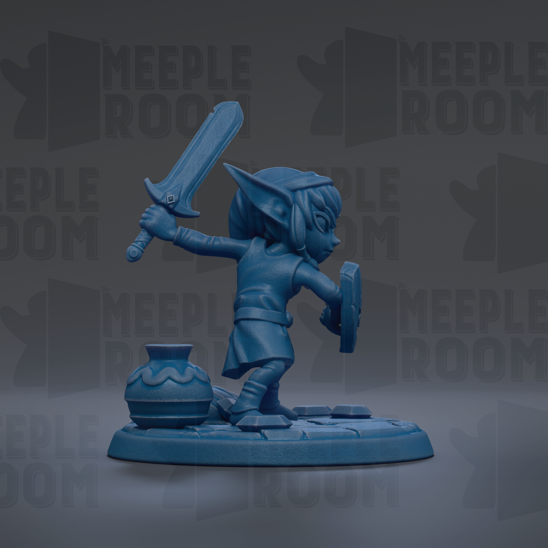 A blue figurine of a character holding a sword and shield, standing on a base with a vase, against a dark background with repeated text.