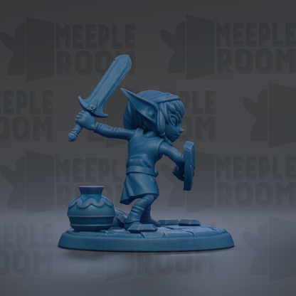 A blue figurine of a character holding a sword and shield, standing on a base with a vase, against a dark background with repeated text.
