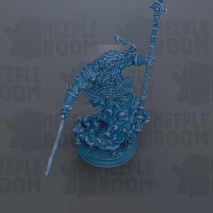 A blue, 3D-rendered statue of a fantastical creature with intricate, flowing patterns and designs.