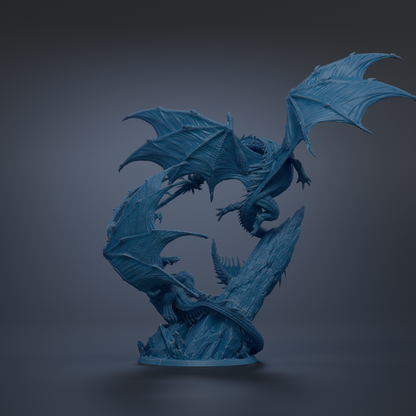 A 3D rendering of a blue dragon statue with wings spread wide, standing on a rock formation.
