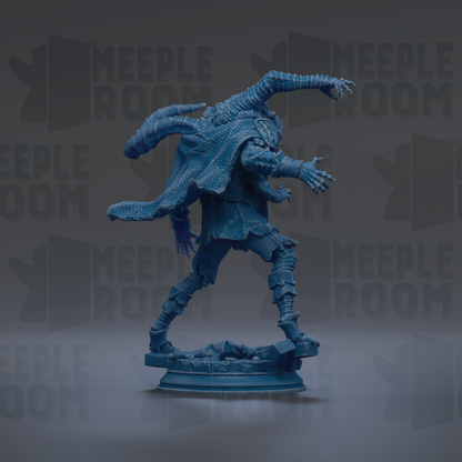 A blue, 3D-rendered statue of a fantastical creature with a large head and extended arms, standing on a pedestal against a dark background with repeated text.
