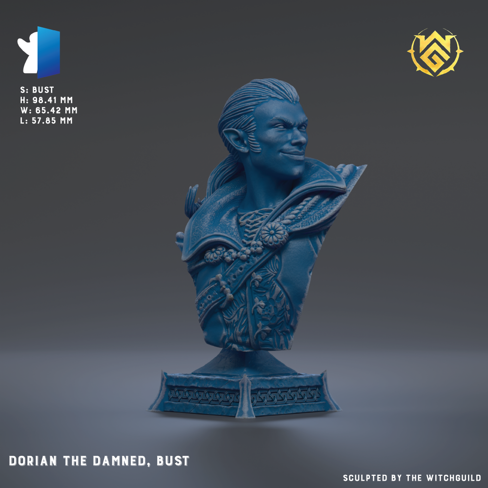 The image is a bust sculpture of a person named Dorian the Damned, Bust, created by the Witchguild.