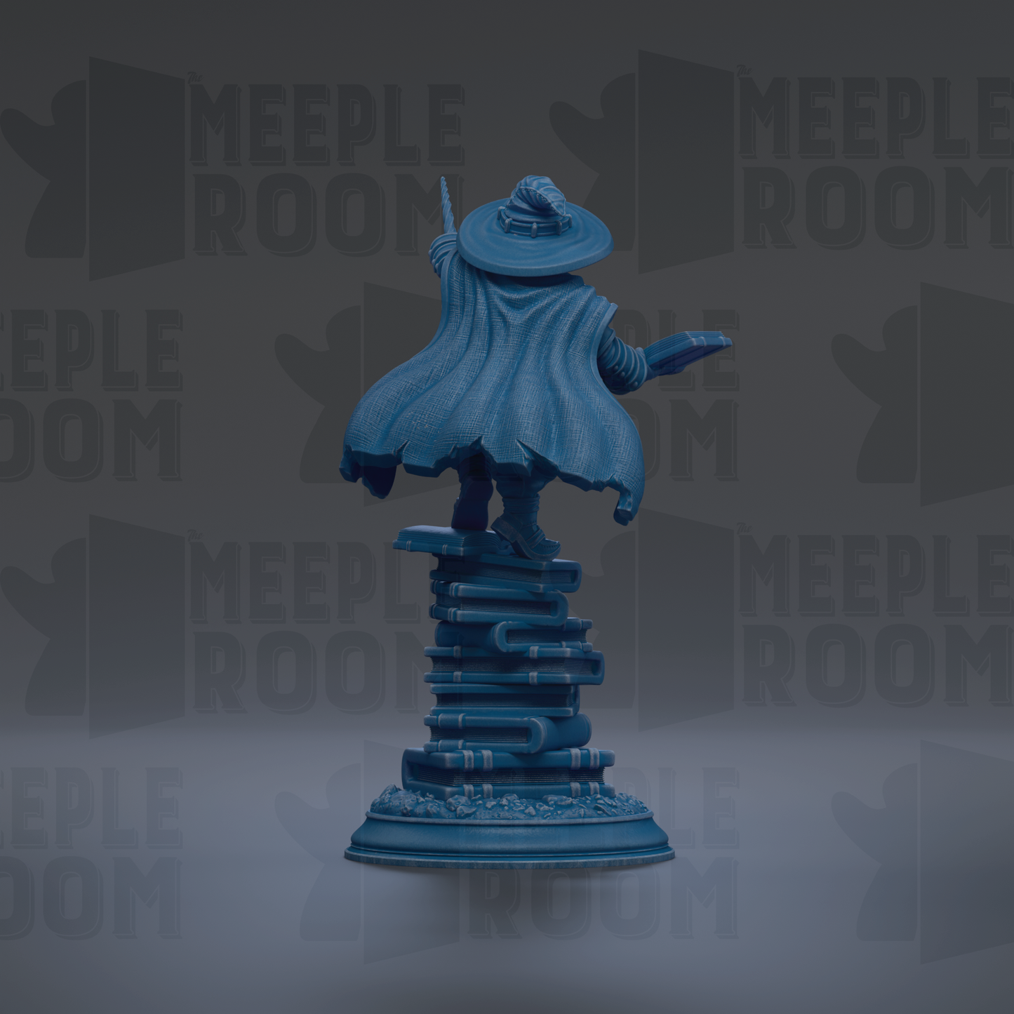 A blue statue of a person standing on a stack of books, with the text "MEUPLE ROOM" repeated in the background.