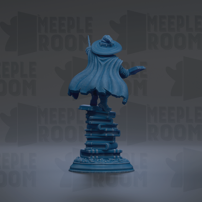A blue statue of a person standing on a stack of books, with the text "MEUPLE ROOM" repeated in the background.