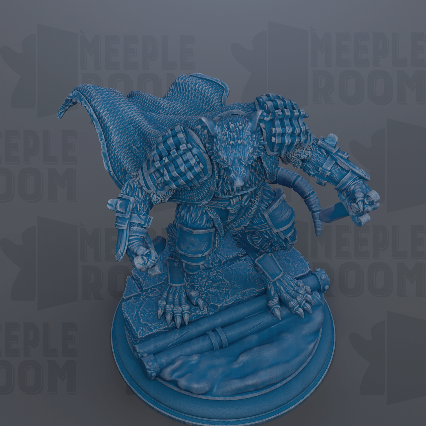 A detailed 3D rendering of a blue armored creature, possibly a dragon or mythical creature, standing on a platform and holding a weapon.