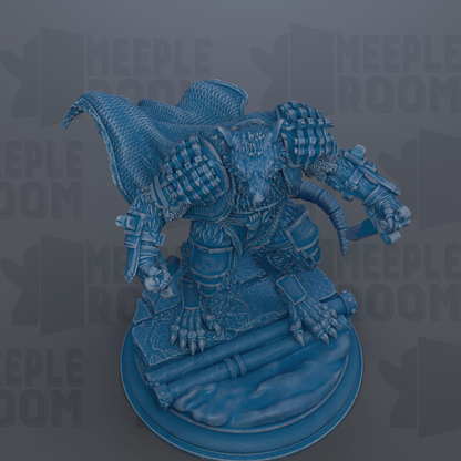 A detailed 3D rendering of a blue armored creature, possibly a dragon or mythical creature, standing on a platform and holding a weapon.