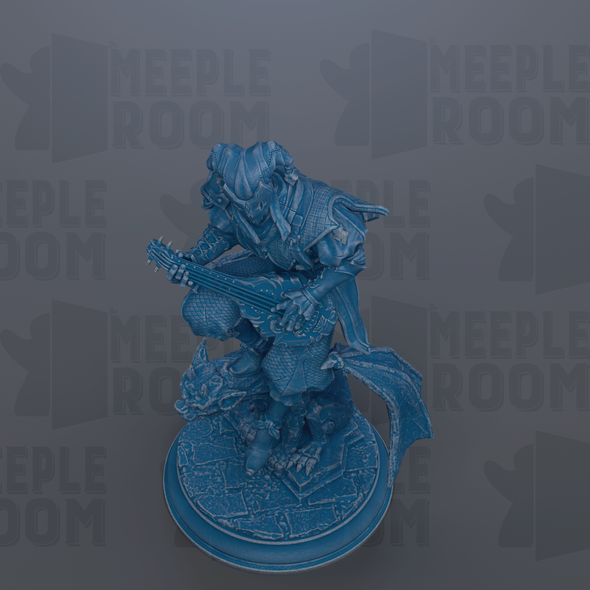 A blue figurine of a person playing a guitar, standing on a platform.
