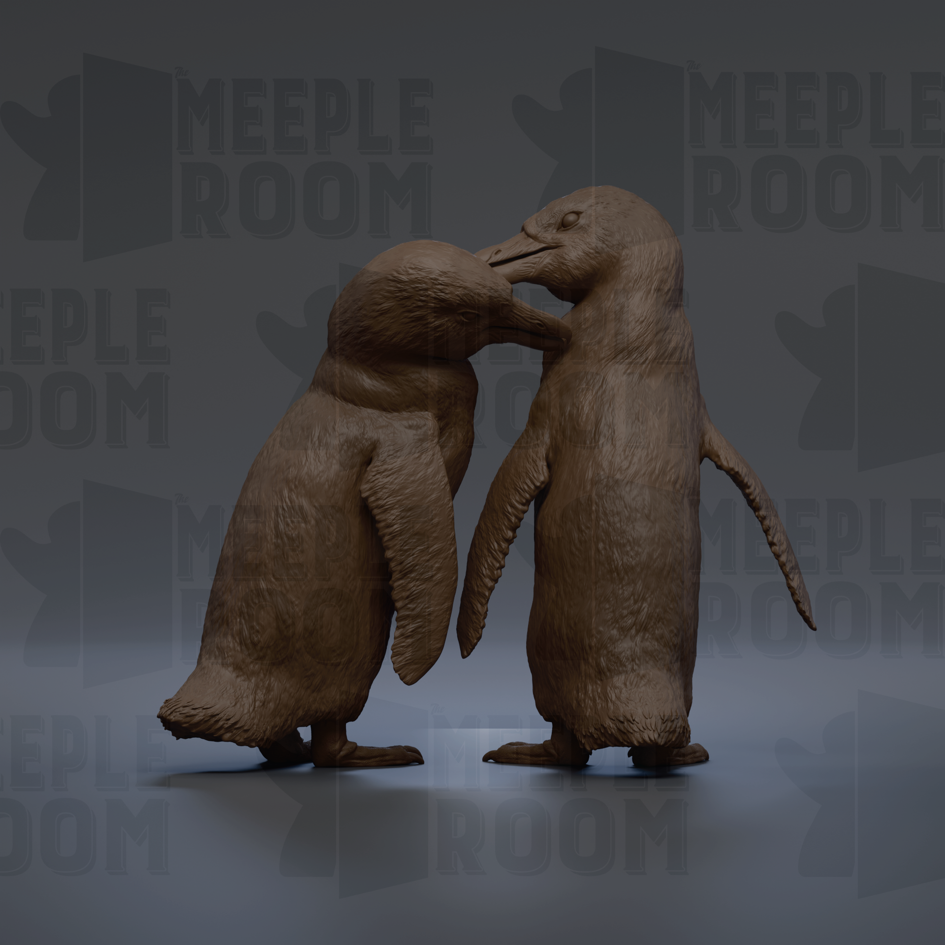 A 3D rendering of two penguins standing close together, with the text "MEUPLE ROOM" repeated in the background.