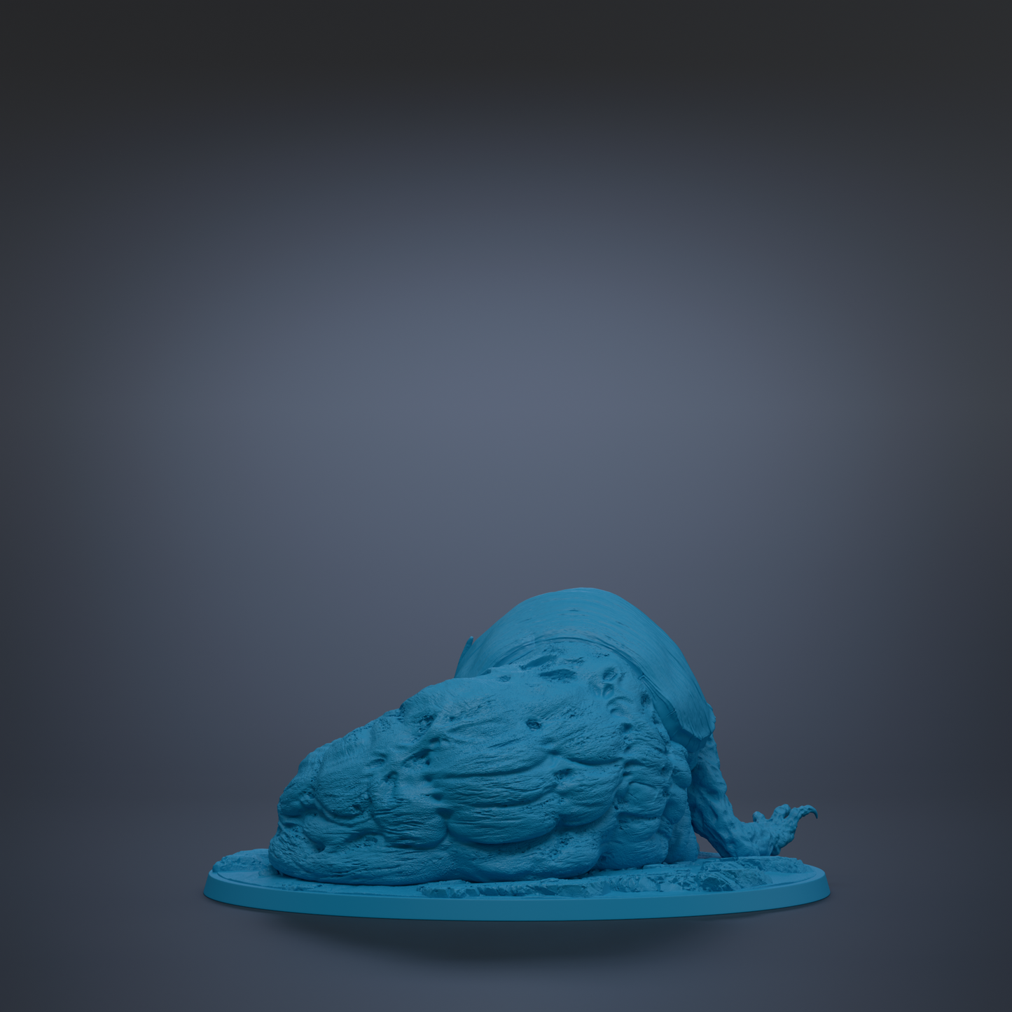 A blue, abstract sculpture is shown against a dark background.
