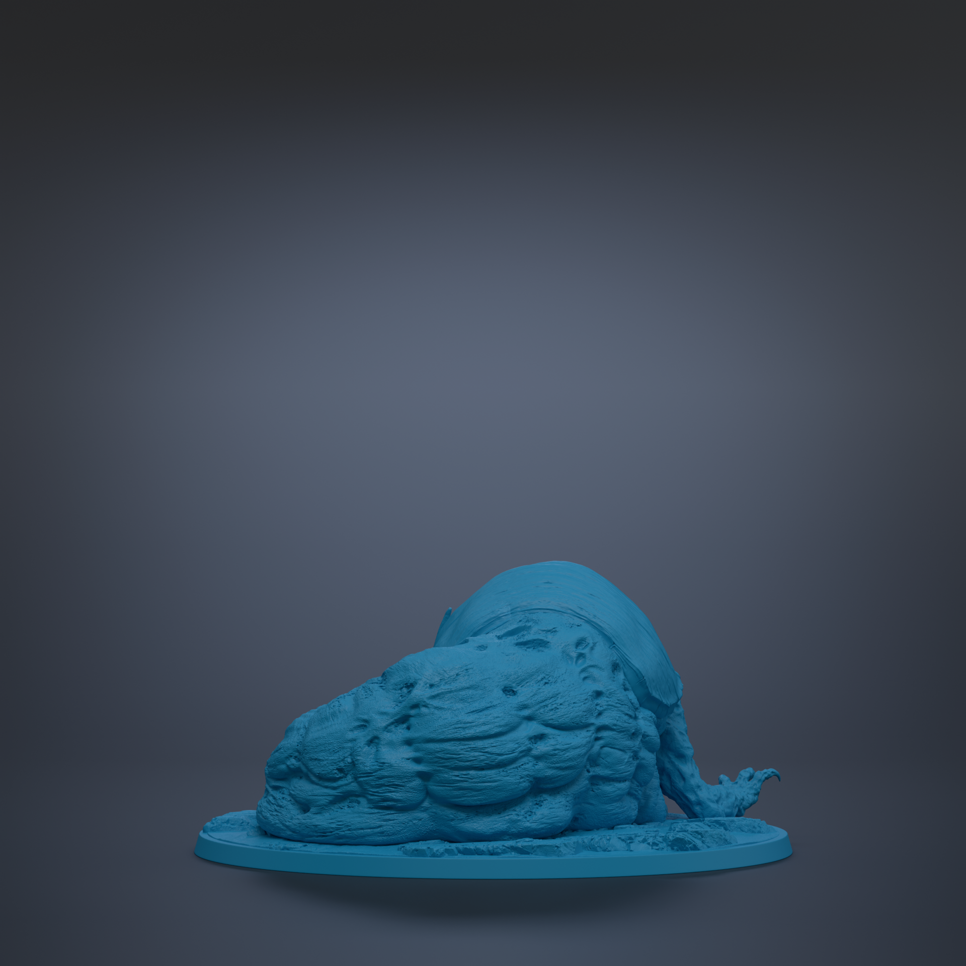 A blue, abstract sculpture is shown against a dark background.