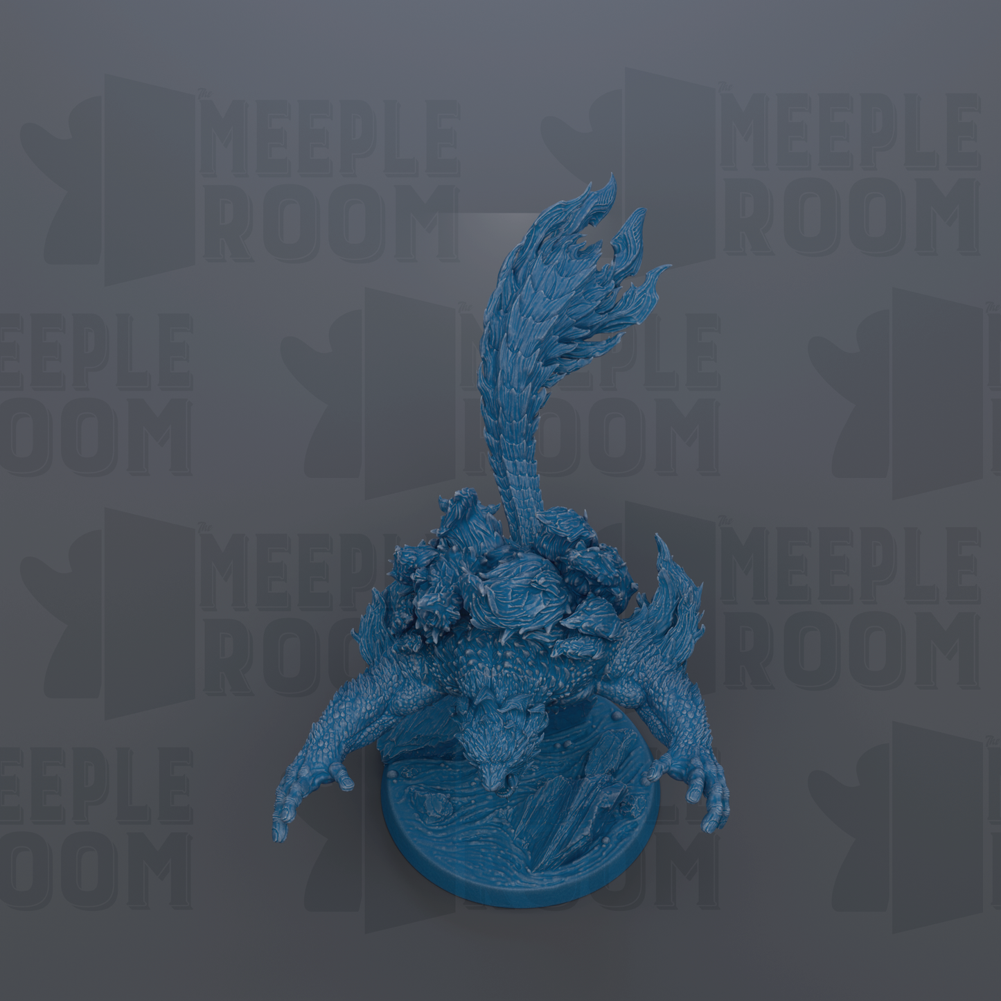 A blue figurine of a fantastical creature with a long, flowing tail and intricate details, set against a dark background with repeated text.