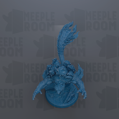 A blue figurine of a fantastical creature with a long, flowing tail and intricate details, set against a dark background with repeated text.