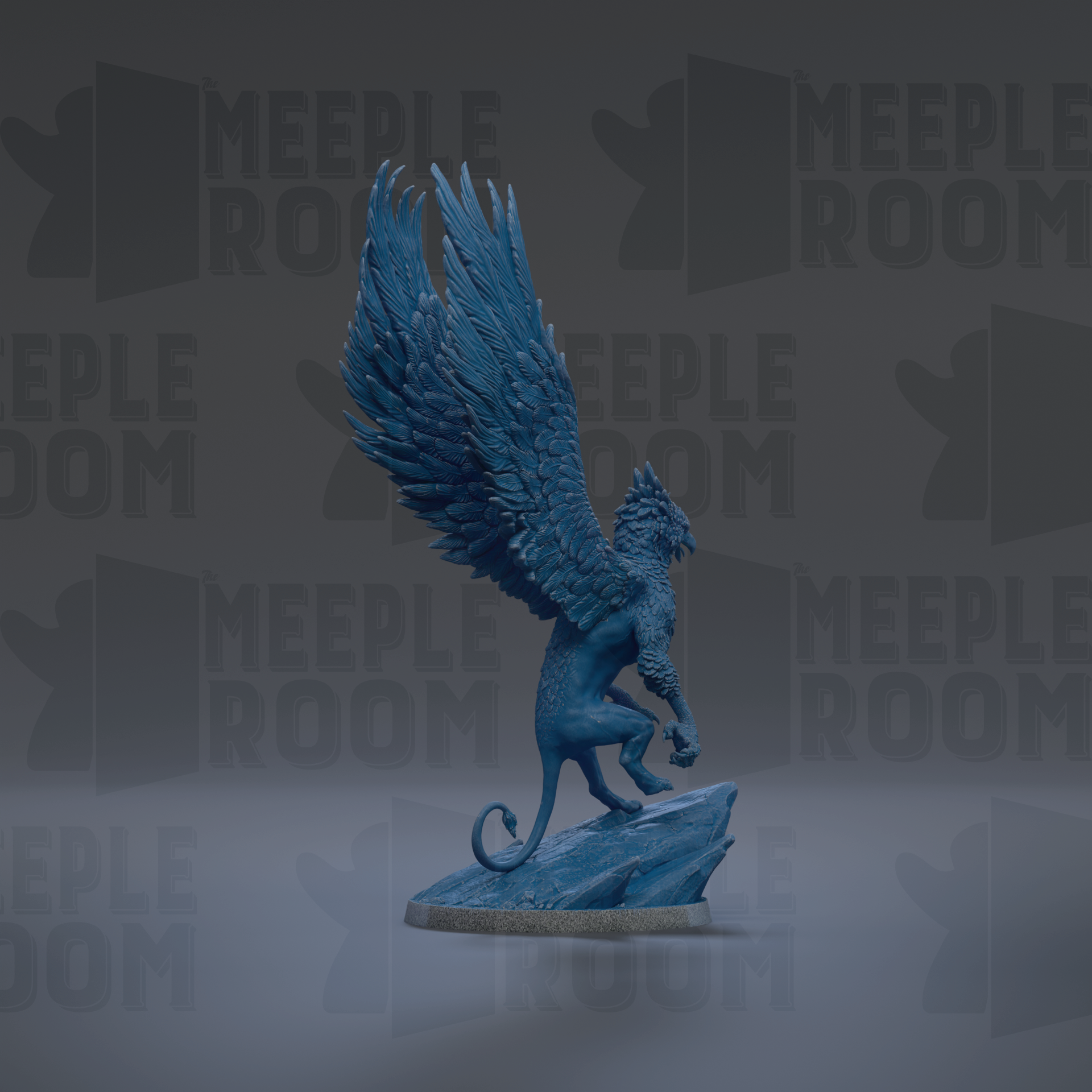 A blue winged statue of a mythical creature, possibly a dragon or a mythical beast, standing on a rock.