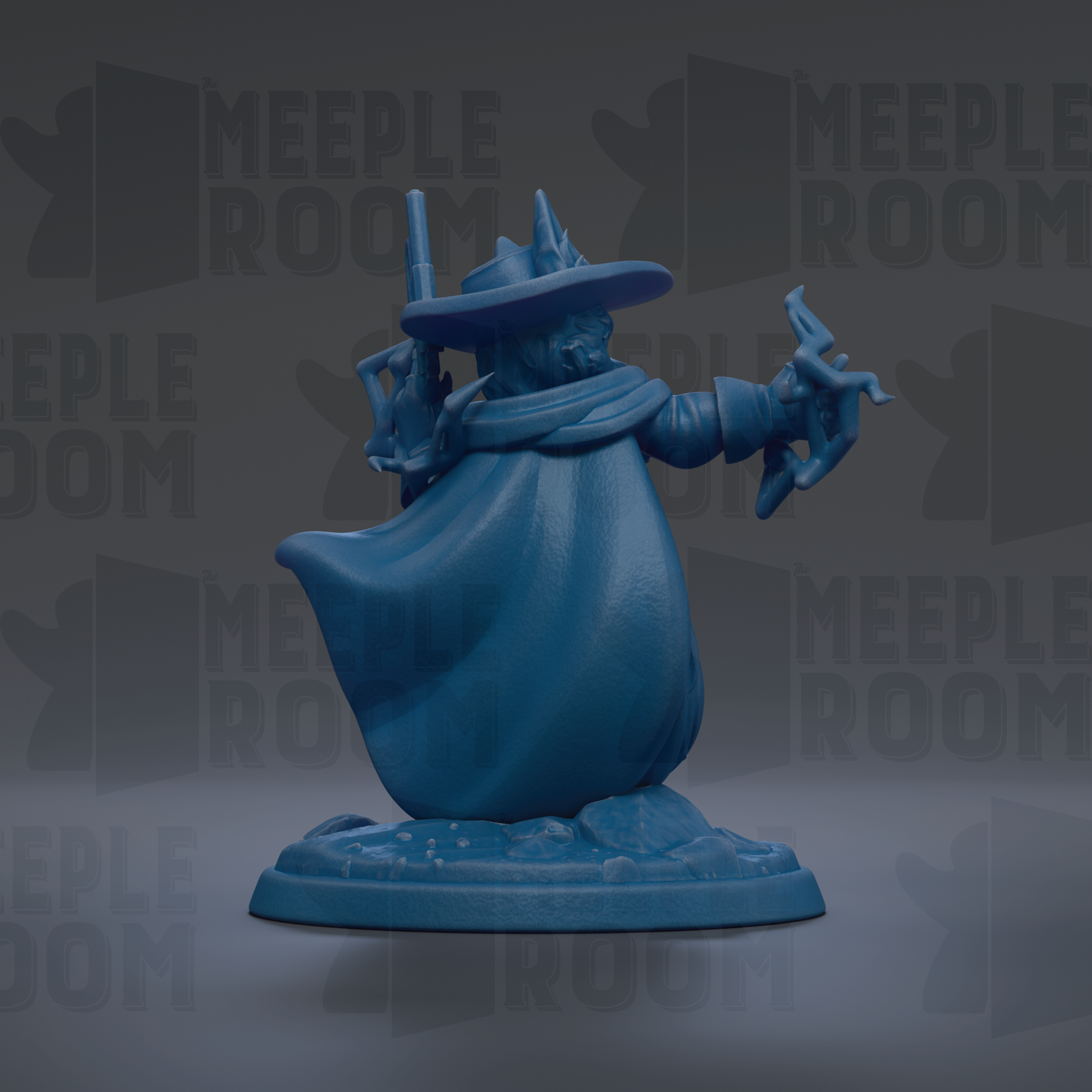 A blue figurine of a wizard or magical being, wearing a hat and holding a wand, is the central focus of the image.