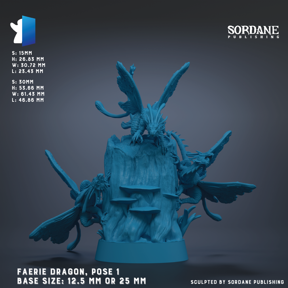 The image is a 3D rendering of a blue figurine of a dragon, with wings spread out, sitting on a tree stump. The figurine appears to be a pose of a larger dragon, possibly a faerie dragon, with a smaller dragon-like creature on its back. The image is labeled with the name of the figurine and its base size, which is either 12.5 mm or 25 mm. The image is published by Sordane Publishing.