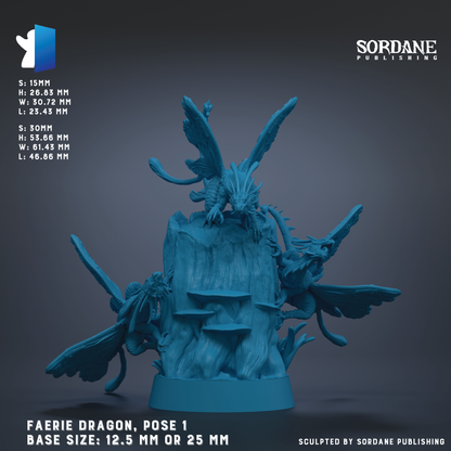 The image is a 3D rendering of a blue figurine of a dragon, with wings spread out, sitting on a tree stump. The figurine appears to be a pose of a larger dragon, possibly a faerie dragon, with a smaller dragon-like creature on its back. The image is labeled with the name of the figurine and its base size, which is either 12.5 mm or 25 mm. The image is published by Sordane Publishing.