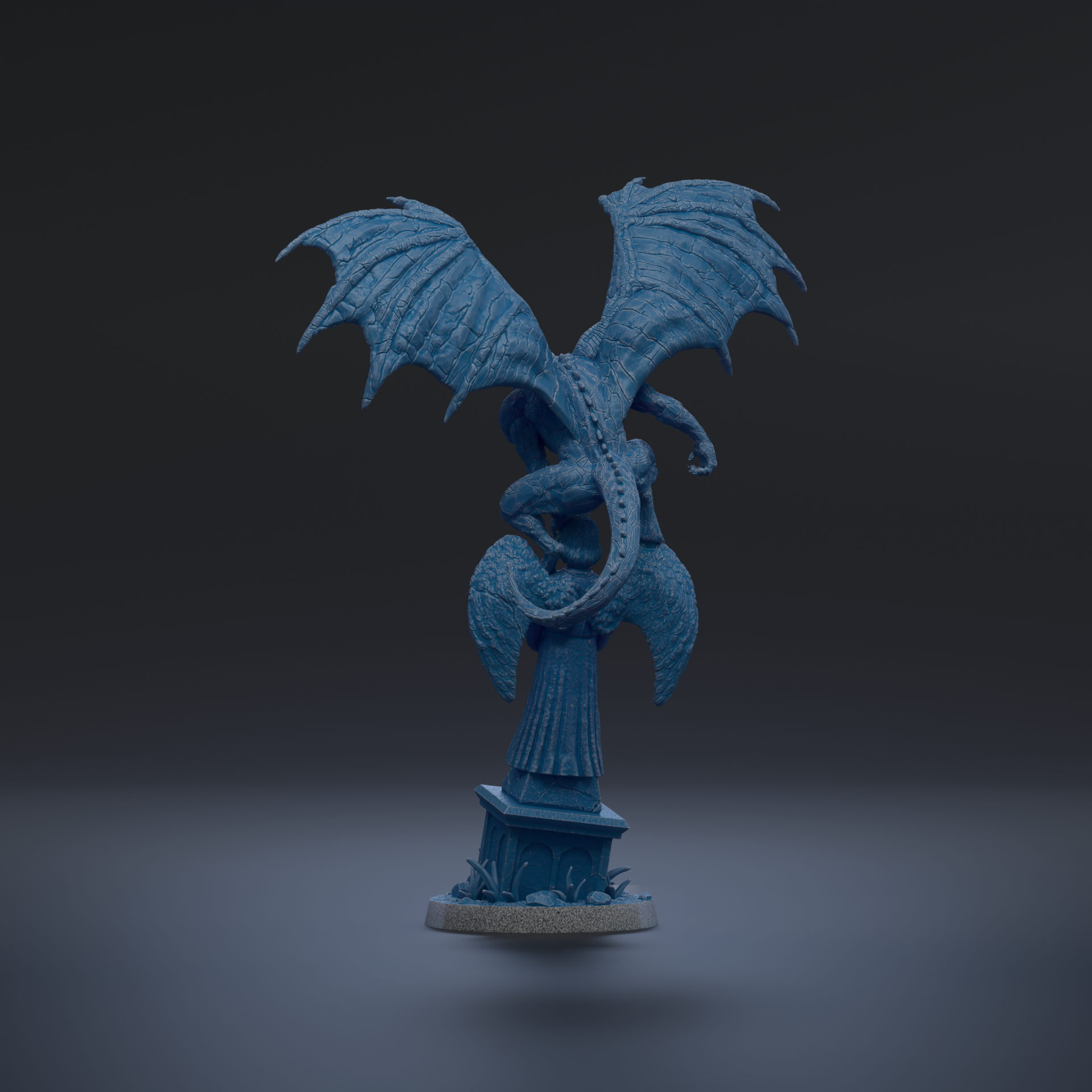 A blue dragon statue with wings spread, standing on a pedestal against a dark background.