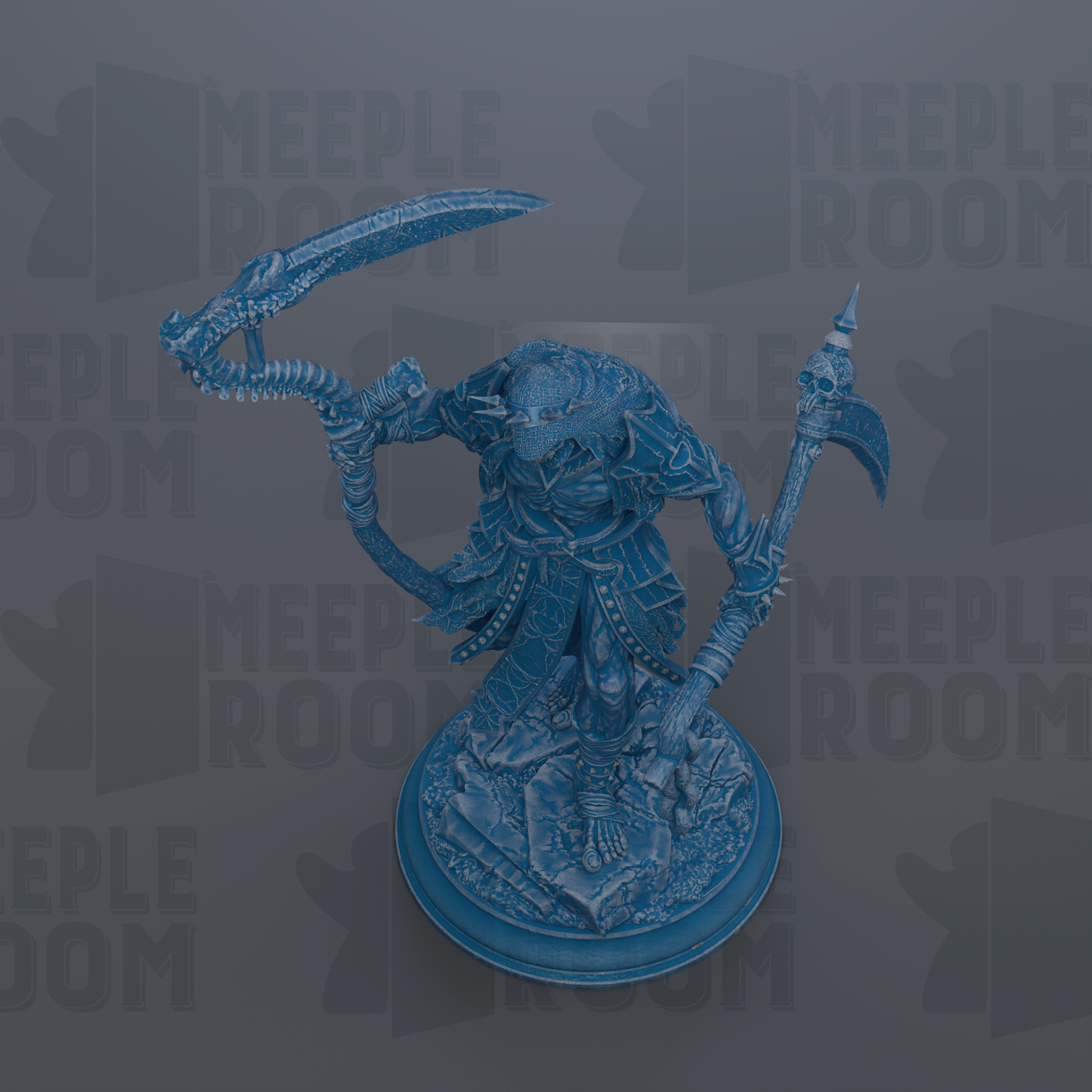 A detailed 3D model of a blue, fantastical creature with intricate armor and weapons, set against a dark background with repeated text.
