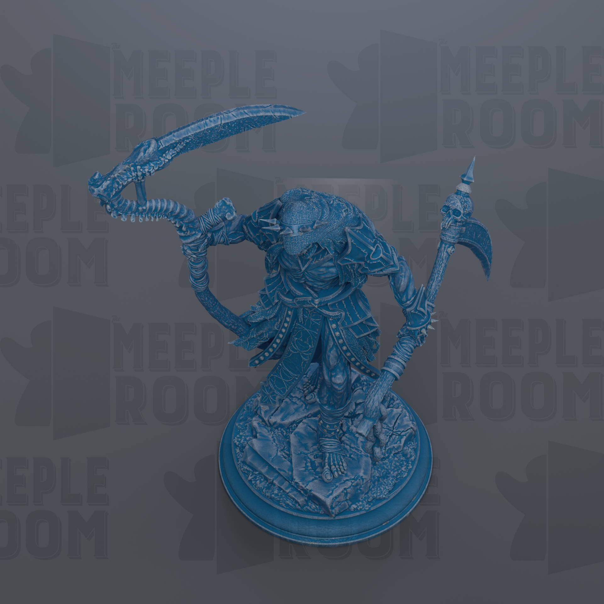 A detailed 3D model of a blue, fantastical creature with intricate armor and weapons, set against a dark background with repeated text.
