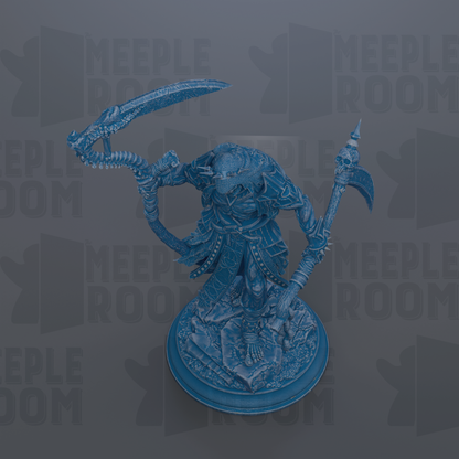 A detailed 3D model of a blue, fantastical creature with intricate armor and weapons, set against a dark background with repeated text.