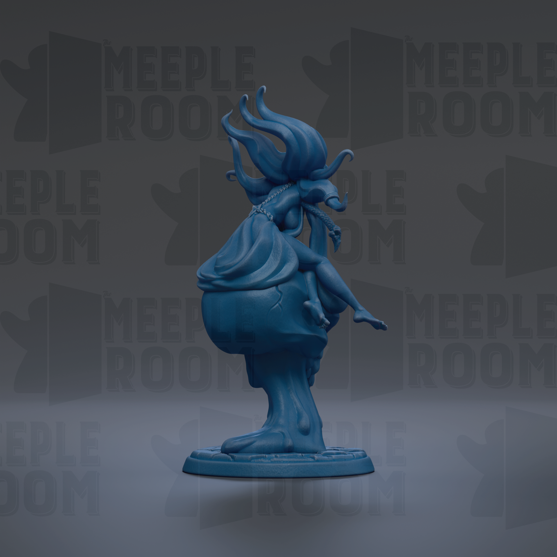 A blue figurine of a woman with long hair and a flowing dress stands on a base, surrounded by the repeated text "MEUPLE ROOM" in the background.