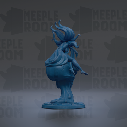 A blue figurine of a woman with long hair and a flowing dress stands on a base, surrounded by the repeated text "MEUPLE ROOM" in the background.