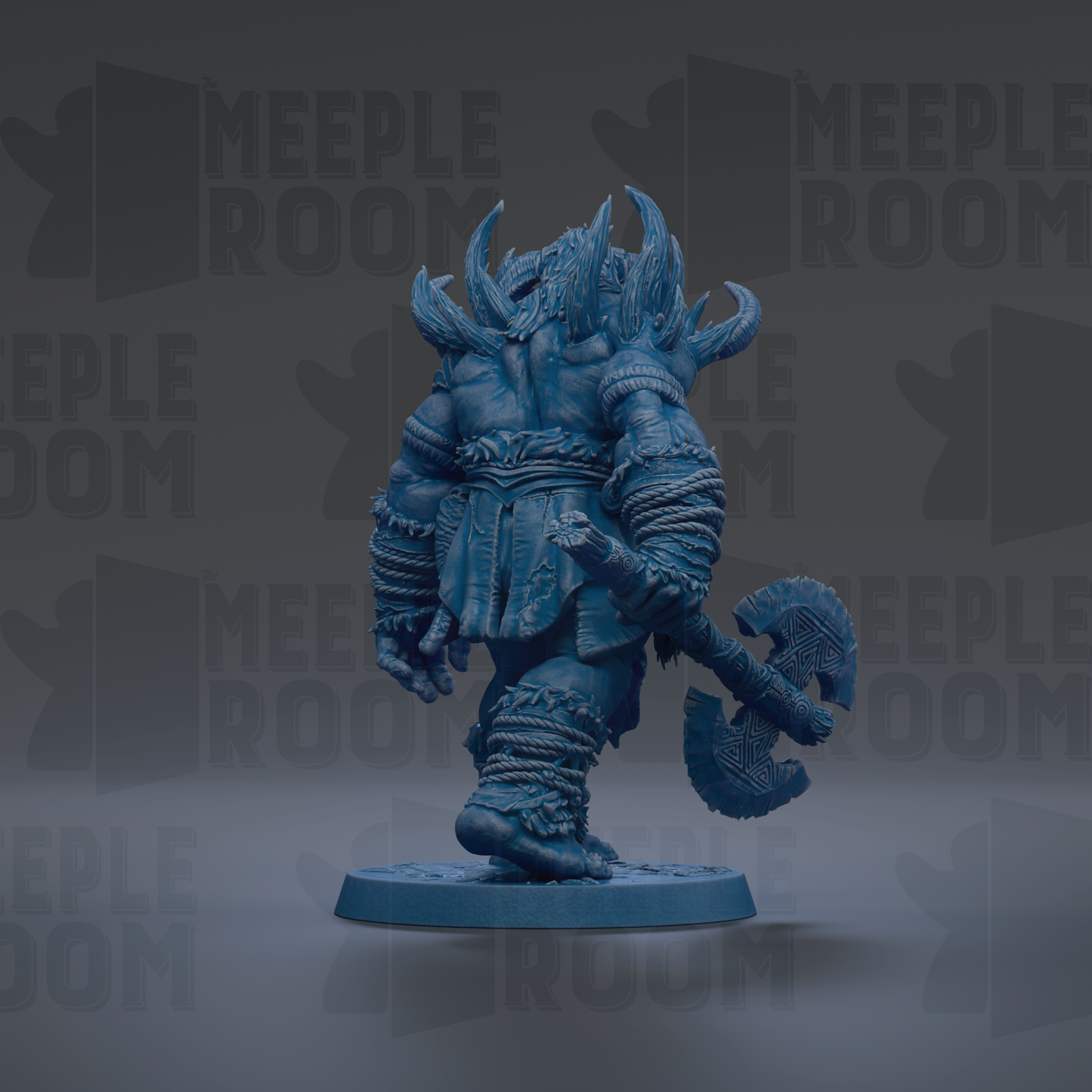 A blue, armored warrior figure holding a large weapon, standing on a platform against a dark background with repeated text.