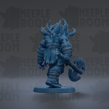 A blue, armored warrior figure holding a large weapon, standing on a platform against a dark background with repeated text.