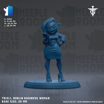 A figurine of a woman dressed in a business suit, standing on a platform and pointing with her finger. The figurine is blue in color and appears to be a character from a video game.