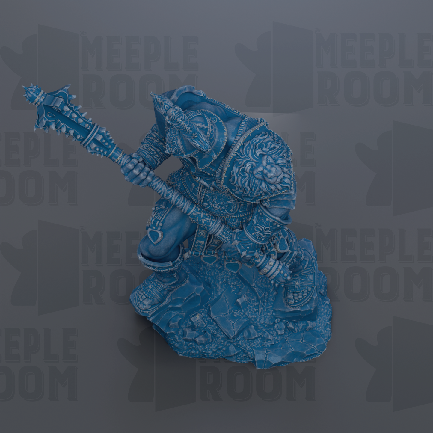 A blue, armored warrior figure is depicted in a dynamic fighting stance, wielding a weapon and standing on a rock formation.