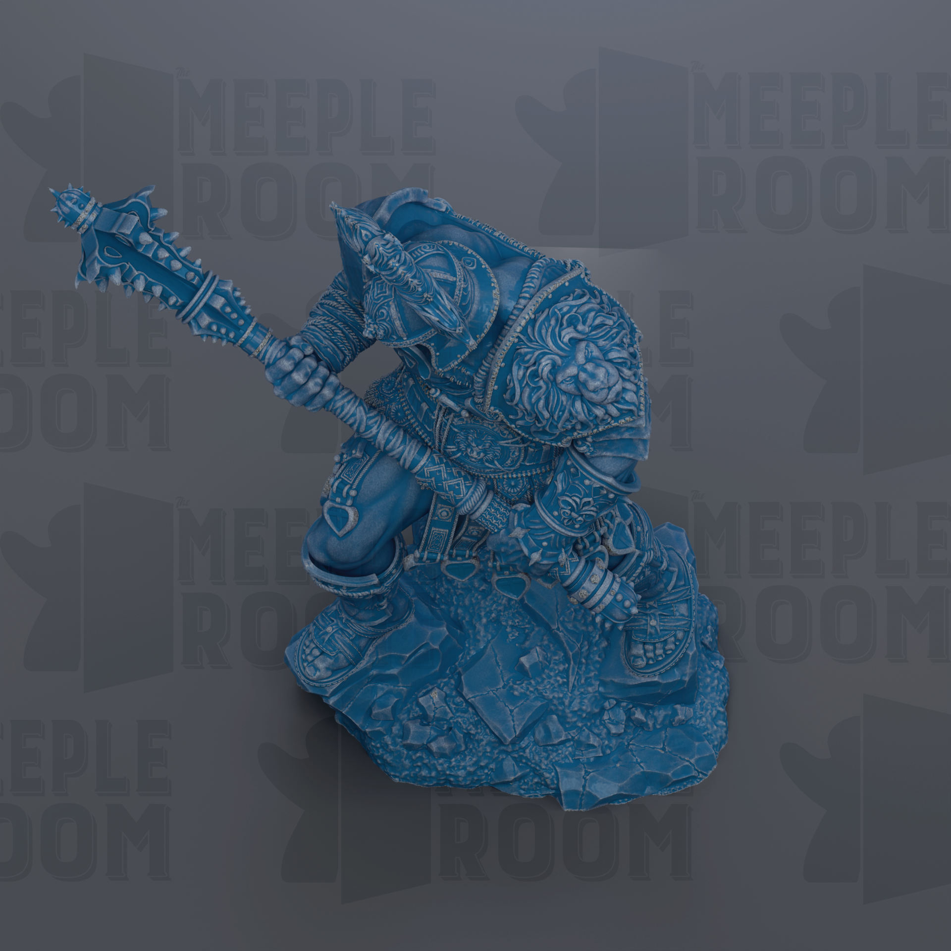 A blue, armored warrior figure is depicted in a dynamic fighting stance, wielding a weapon and standing on a rock formation.