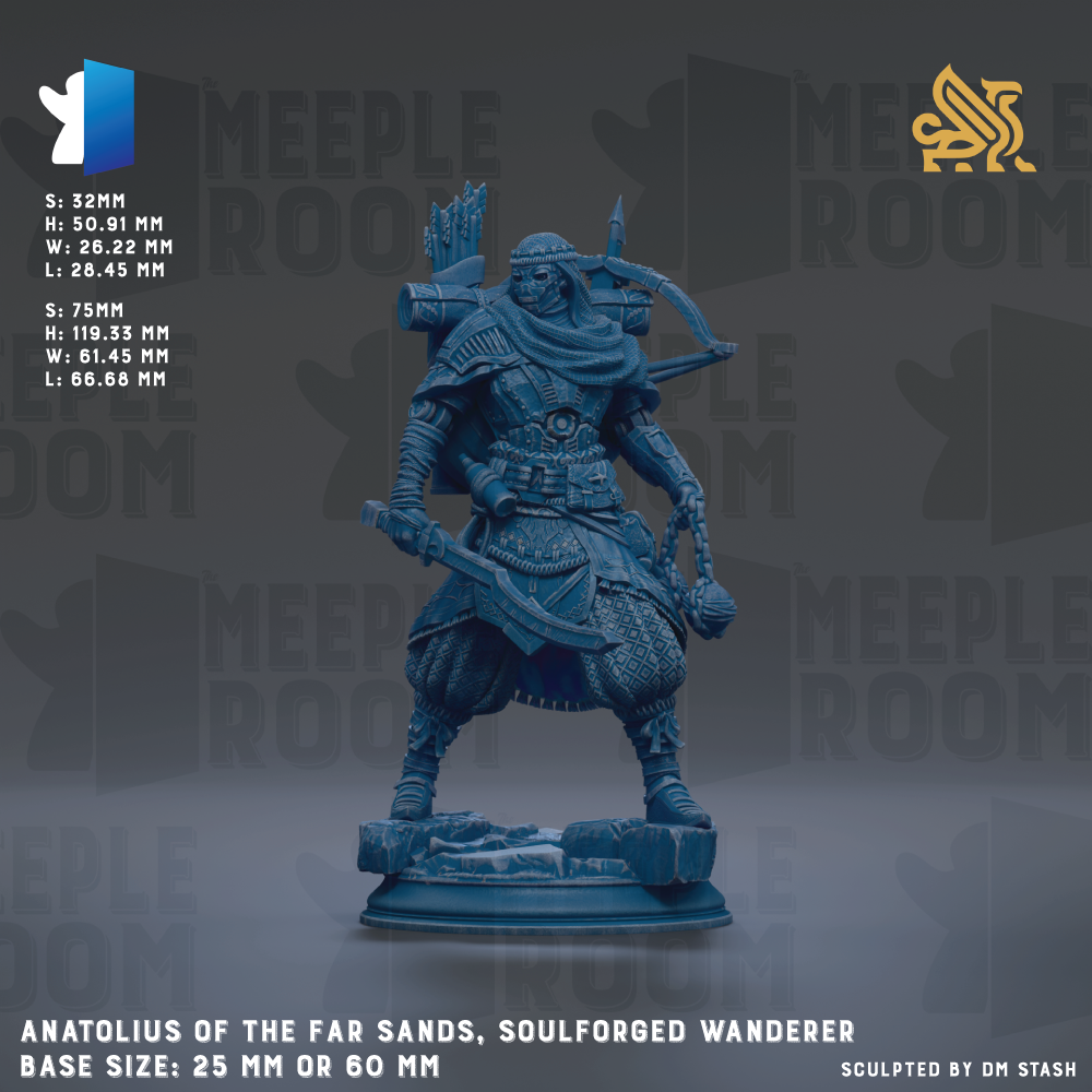 a figurine of a soulforged wanderer, a character from the video game Meeple Room. The figurine is depicted in a blue color and is standing on a pedestal. The image is described as a base size of 25 mm or 60 mm, depending on the perspective. The figurine is shown against a dark background, which emphasizes its details and craftsmanship.