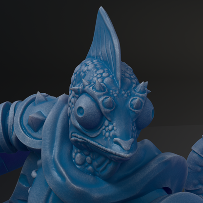 A close-up view of a blue, sculpted creature with sharp teeth and an intense expression, set against a dark background.
