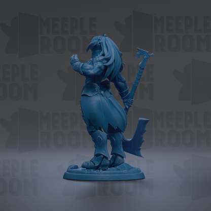 A blue figurine of a warrior standing on a base, holding a weapon in one hand and a shield in the other.