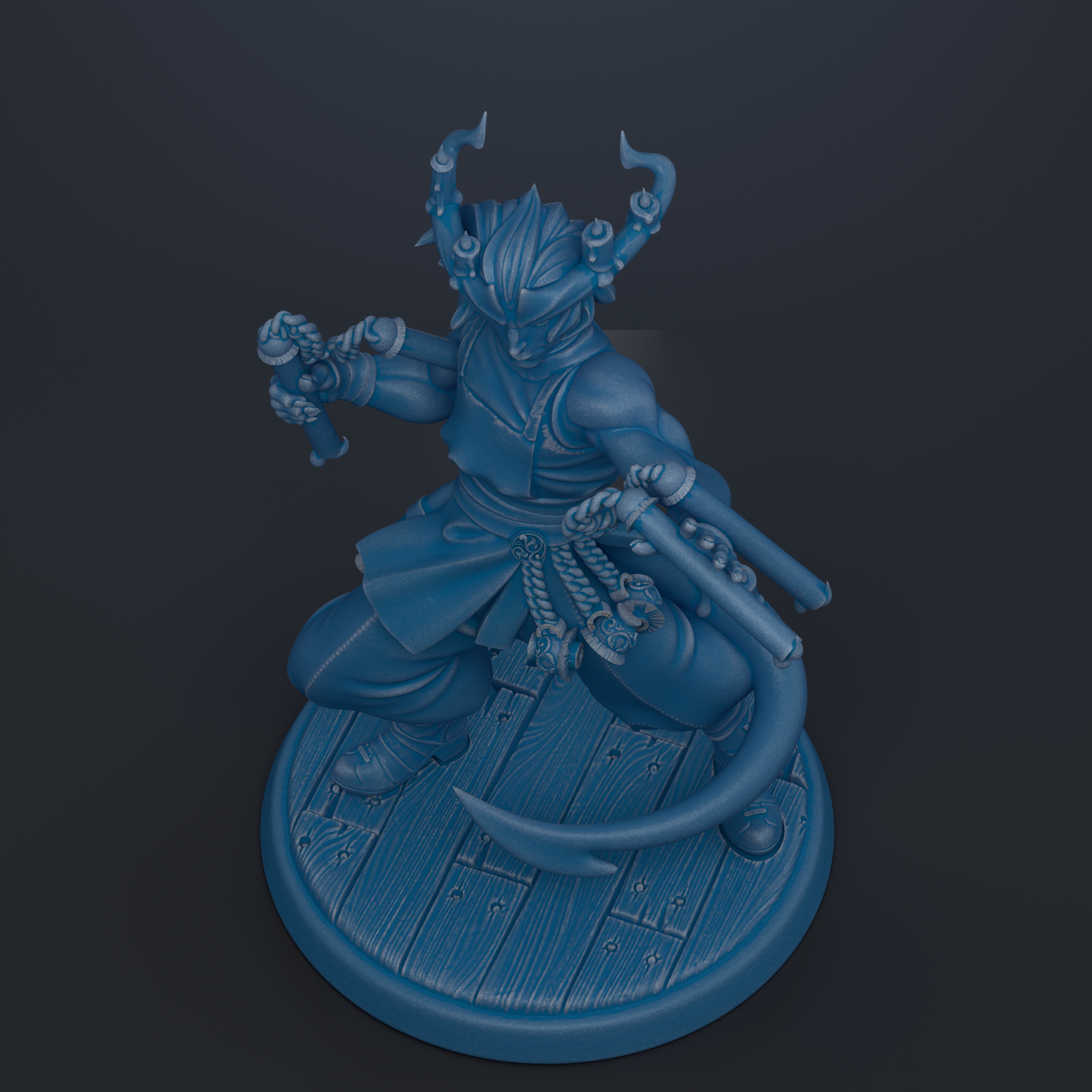 A blue figurine of a character with horns and a sword, standing on a wooden base.