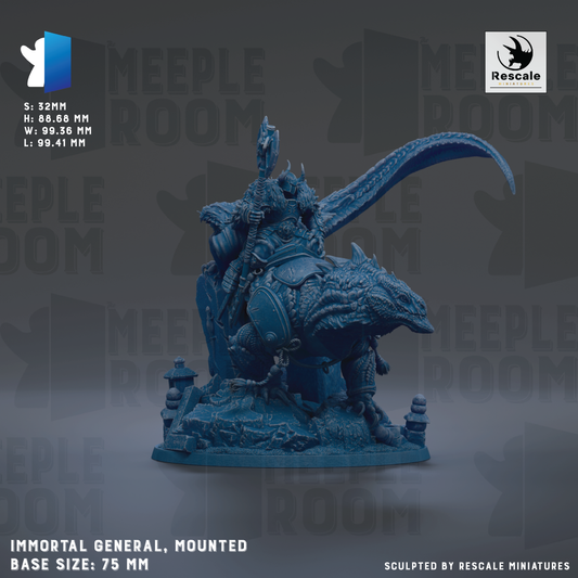 The image is a detailed model of a mounted figure, specifically a "Immortal General" from the "MEUPLE ROOM" series. The figure is mounted on a dragon-like creature, and it is described as a "mounted base size: 7.5 mm". The image is a collage of various images, and it is not a single image but a collection of images that together depict the "MEUPLE ROOM" series.
