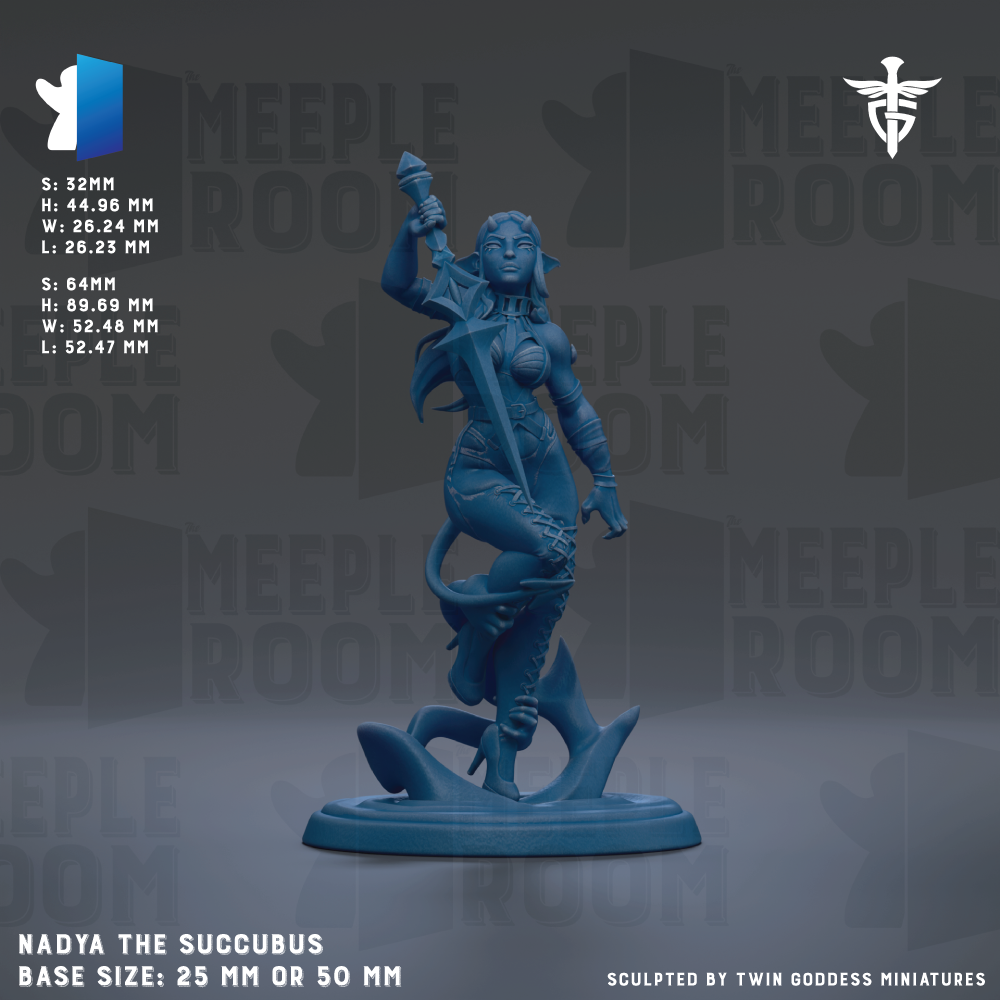 a figurine of a woman with a sword, standing on a base. The figurine is described as "NADYA THE SUCCUBUS" and has a base size of either 25mm or 50mm. The background of the image is a dark blue color, and there is text that provides information about the figurine, including its dimensions and the fact that it is sculpted by Twin Goddesses miniatures.