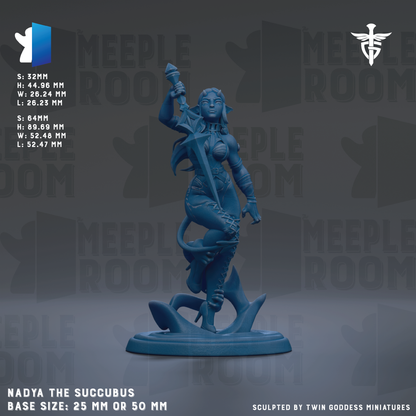 a figurine of a woman with a sword, standing on a base. The figurine is described as "NADYA THE SUCCUBUS" and has a base size of either 25mm or 50mm. The background of the image is a dark blue color, and there is text that provides information about the figurine, including its dimensions and the fact that it is sculpted by Twin Goddesses miniatures.