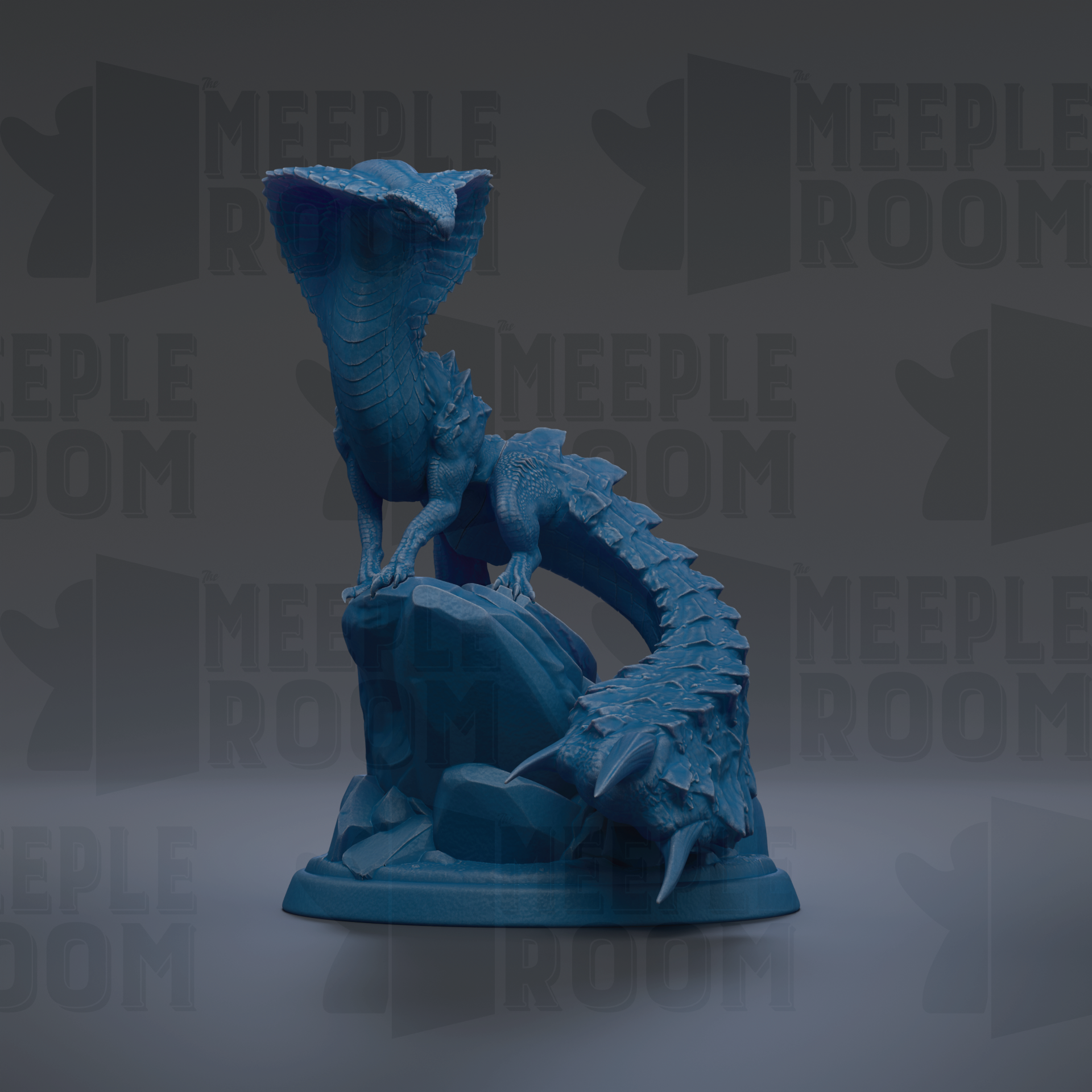 A blue, 3D-rendered dragon figurine is displayed against a dark background with repeated text.