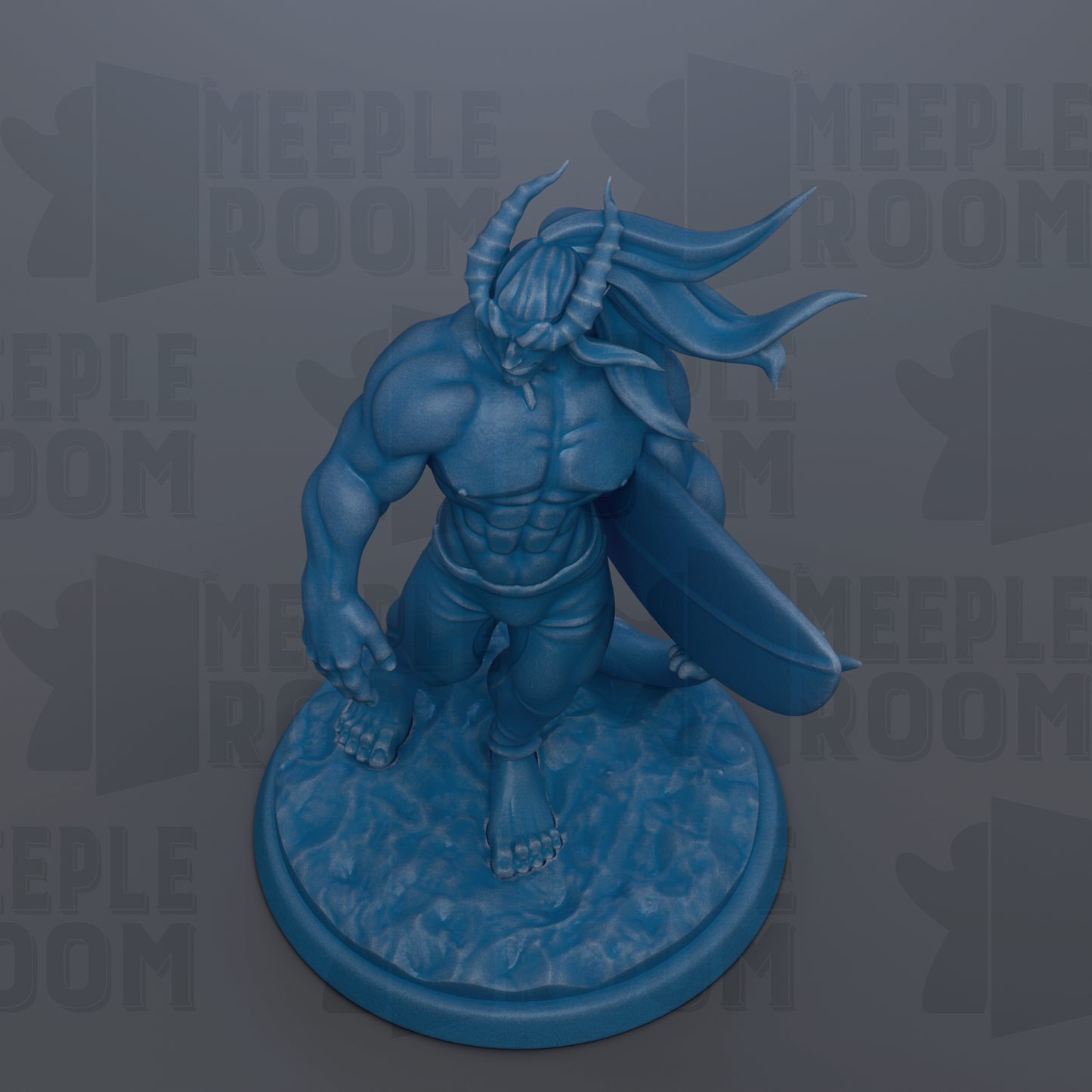A blue figurine of a muscular, horned character holding a surfboard, standing on a rocky base.