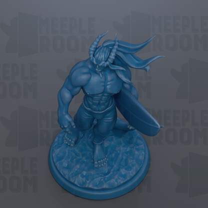A blue figurine of a muscular, horned character holding a surfboard, standing on a rocky base.