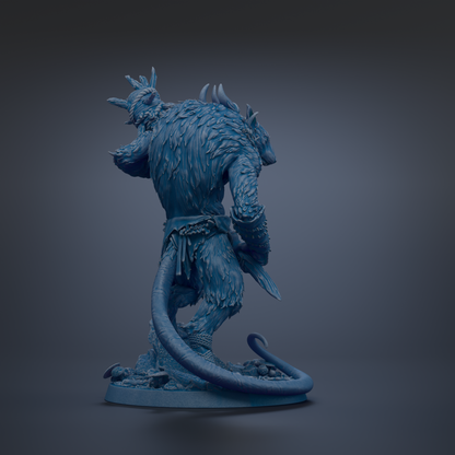 A detailed 3D model of a fantastical creature, possibly a mythical or magical being, with a long, curved tail and a large head. The creature appears to be made of a shiny, blue material and is standing on a base.
