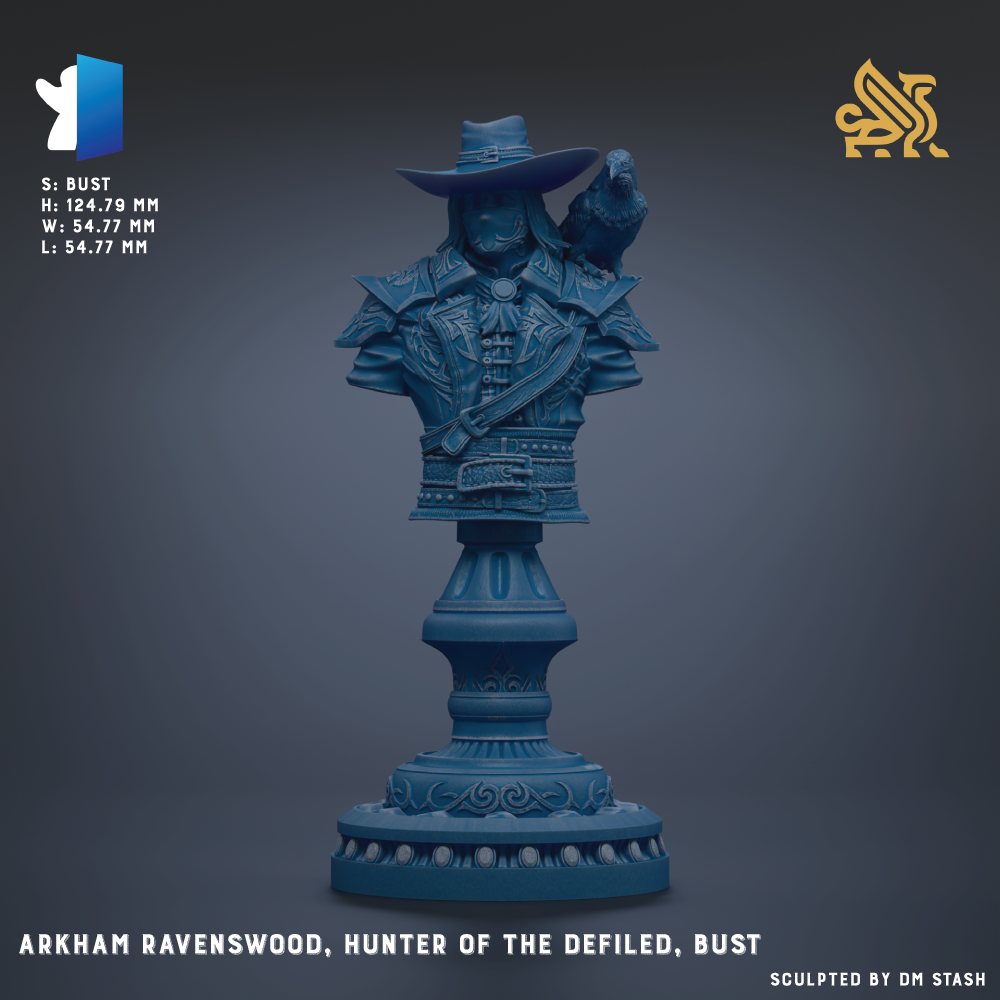 A bust of a character named "Hunter of the Defiled", created by the artist "S. Rust". The character is wearing a hat and has a bird perched on their shoulder. The bust is made of a material that appears to be blue or purple in color.